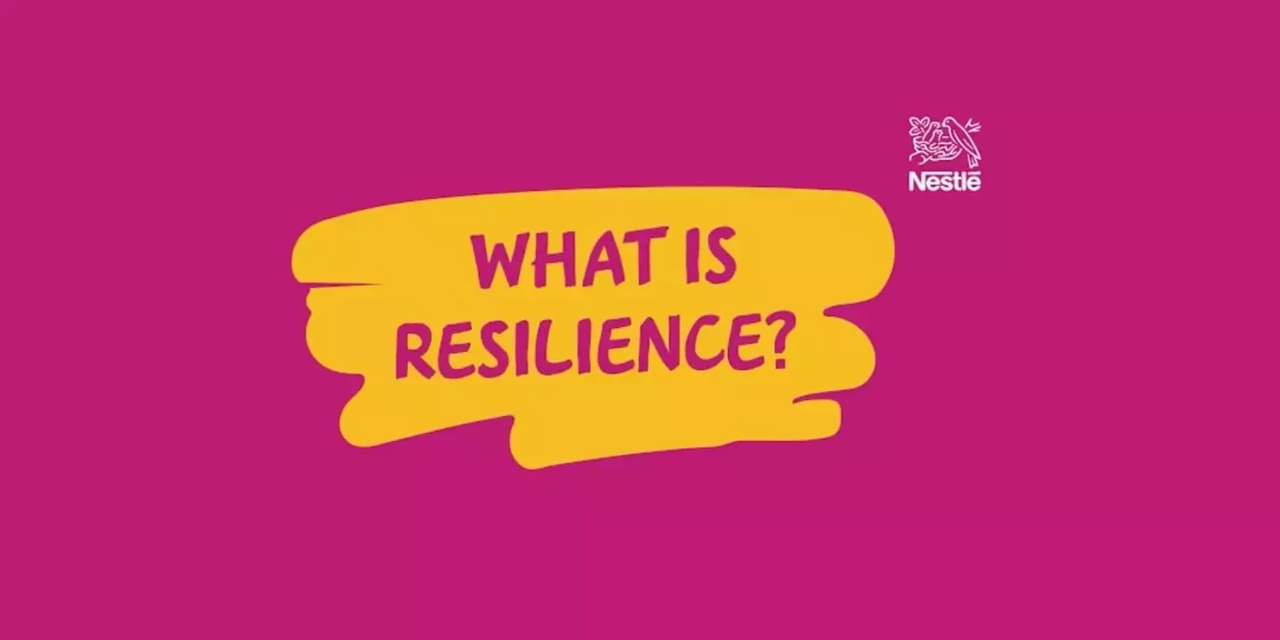 Text on a pink background reads, "What is resilience?" with a yellow brushstroke accent. Nestlé logo in the top right corner.